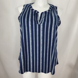 SJS Sleeveless Tunic TOP Size 1X Womens Navy Blue White Stripe Blouse Shirt